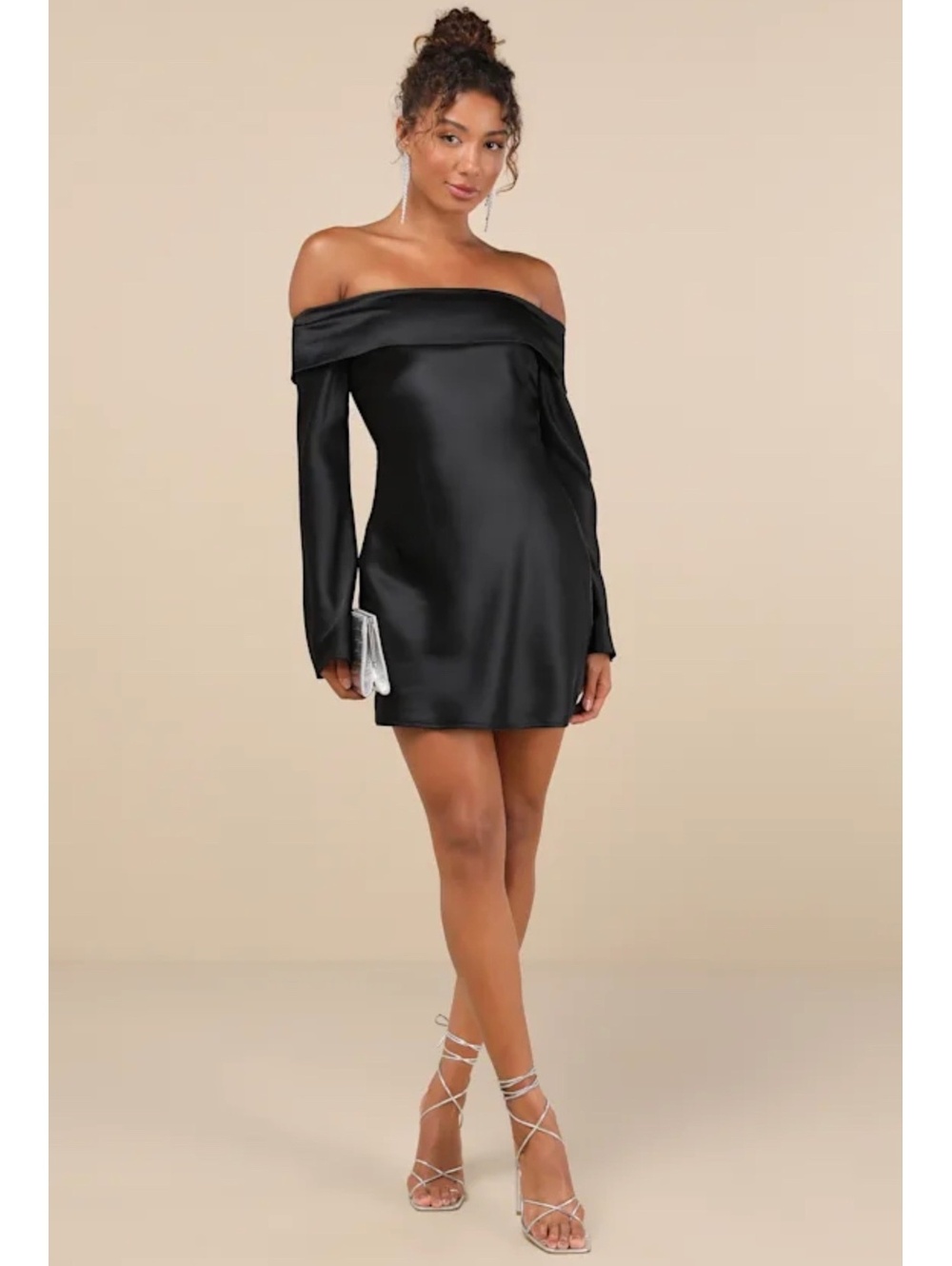 NWT Lulus Luxurious Vision Black Satin Off Shoulder Mini Dress M